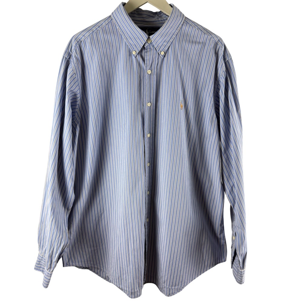 Ralph Lauren Classic Fit Blue White Striped Button Down Shirt Mens XL Flesh Pony